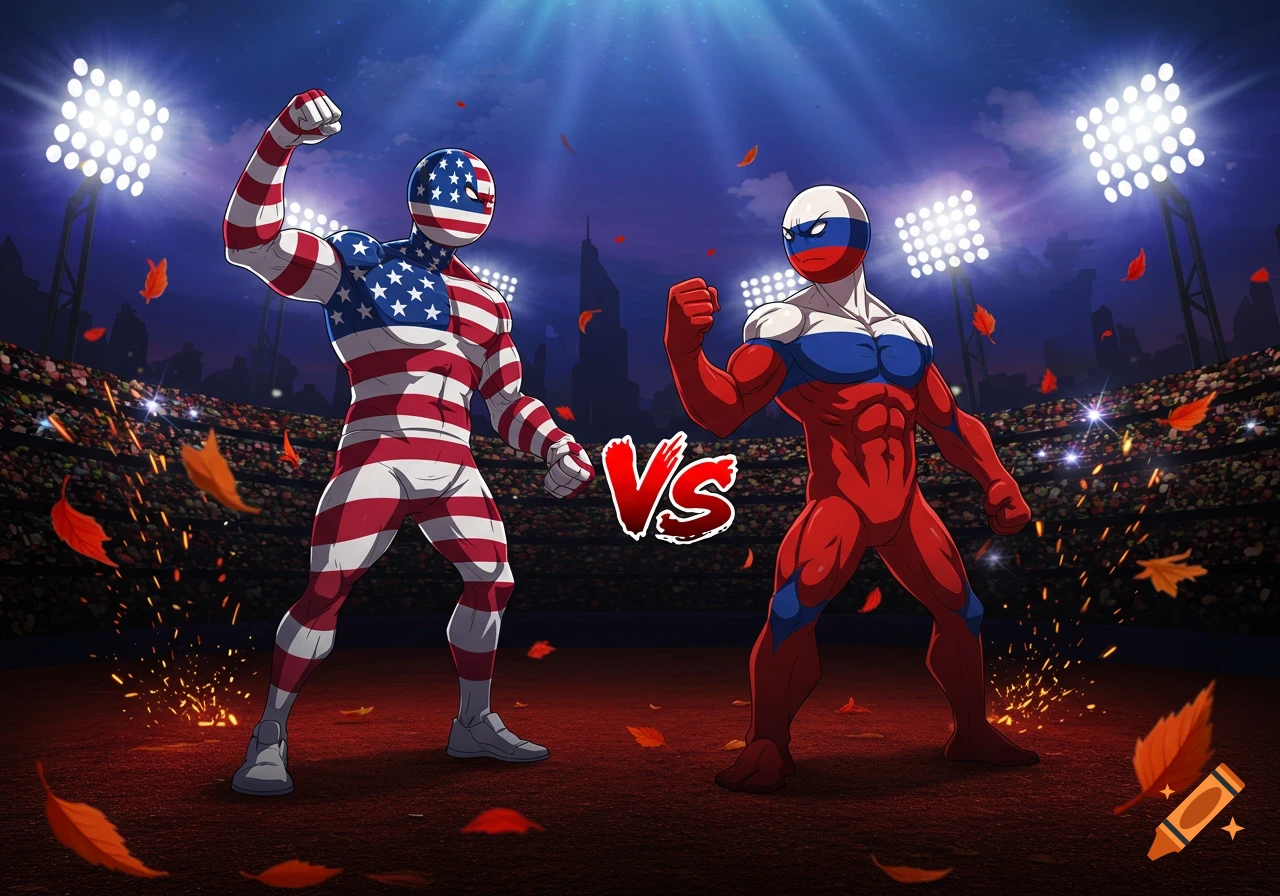 Muscular, flag-themed anime characters representing USA and Russia face off in a stadium with 'VS' text.