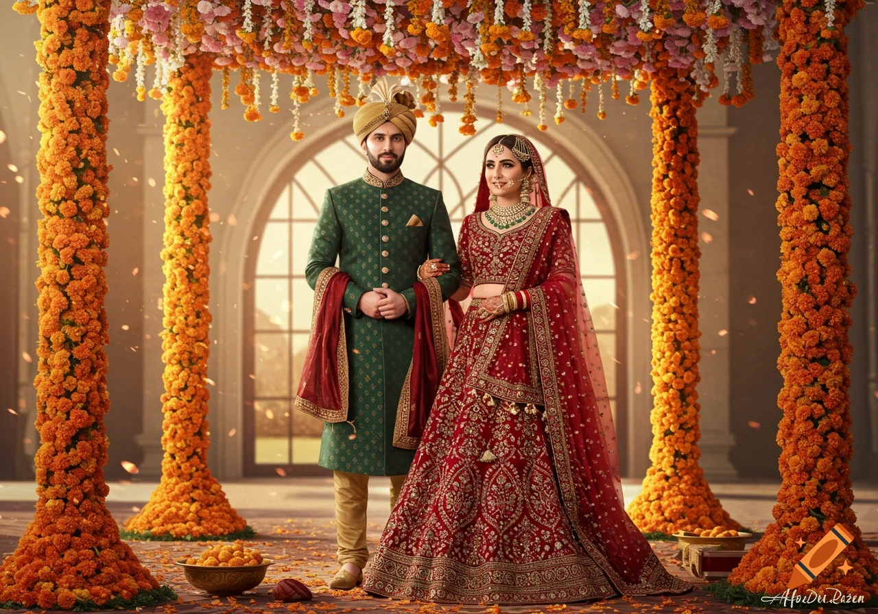 A Pakistani bridal couple in traditional red and green embroidered attire stands under a marigold canopy, in a photorealistic style.