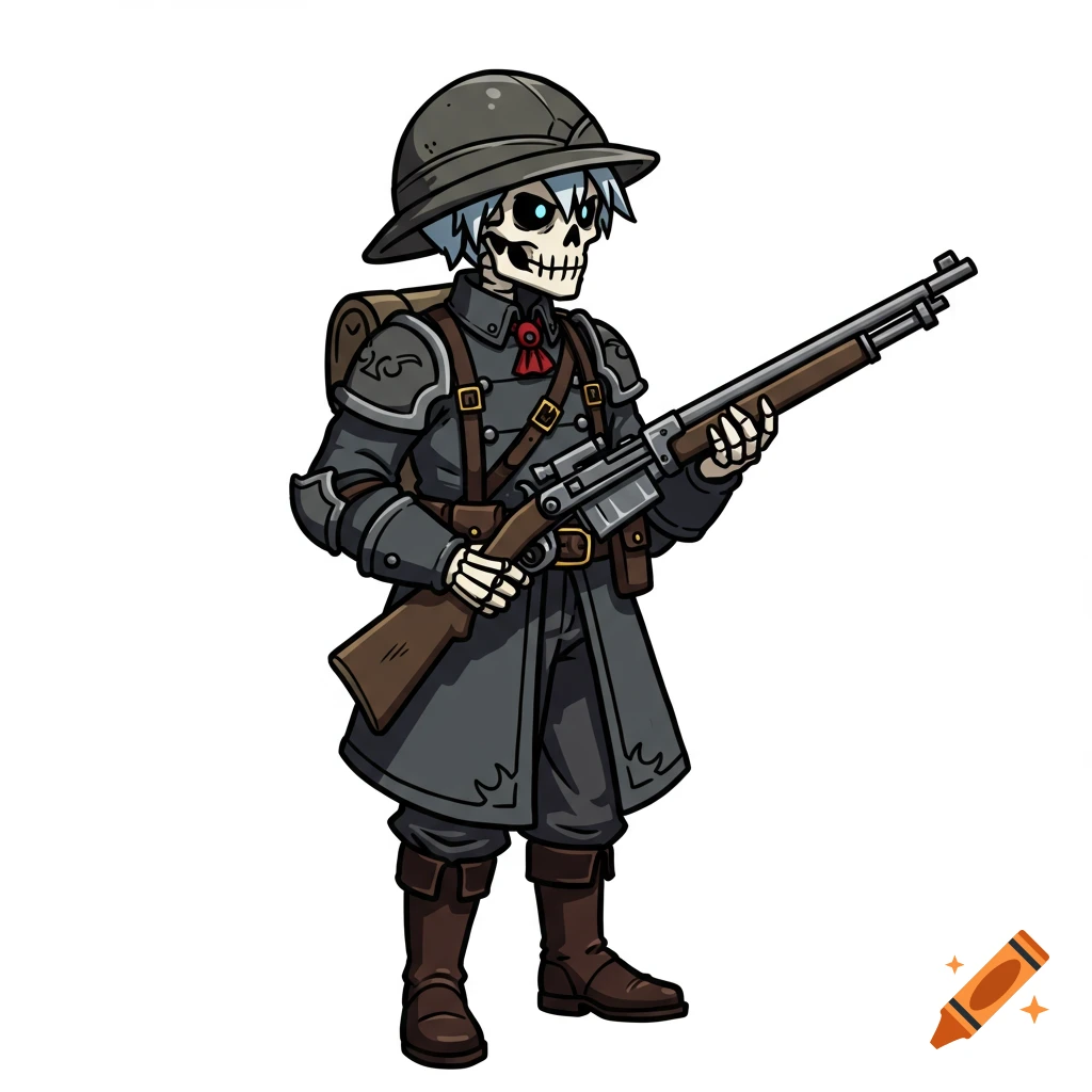 Anime-style 2D game sprite of a skeleton soldier in a grey uniform and pith helmet, holding a bolt-action rifle.