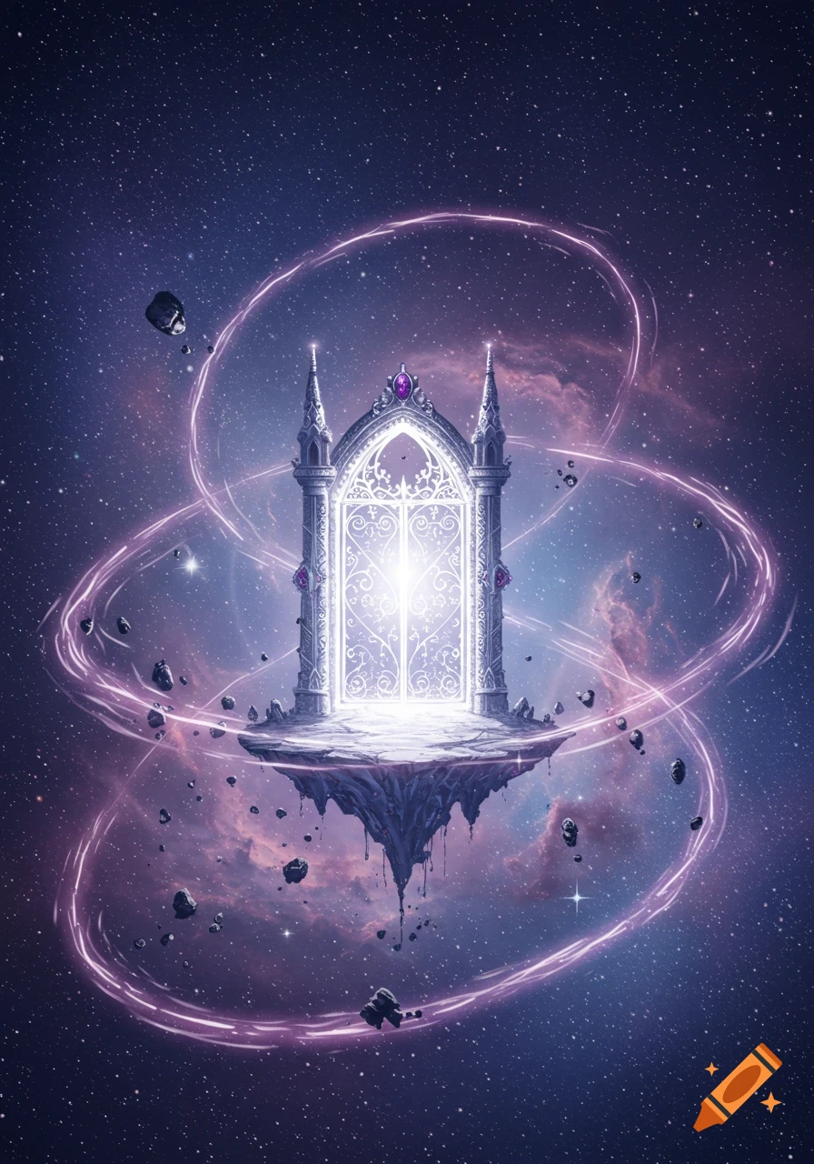 An ornate, glowing gothic gateway floats on a rock island in deep space, surrounded by swirling purple nebulae, stars, and asteroids.