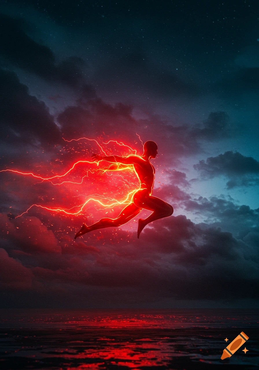 A silhouetted figure, glowing with powerful red and orange energy, streaks across a dark, cloudy sky over water.