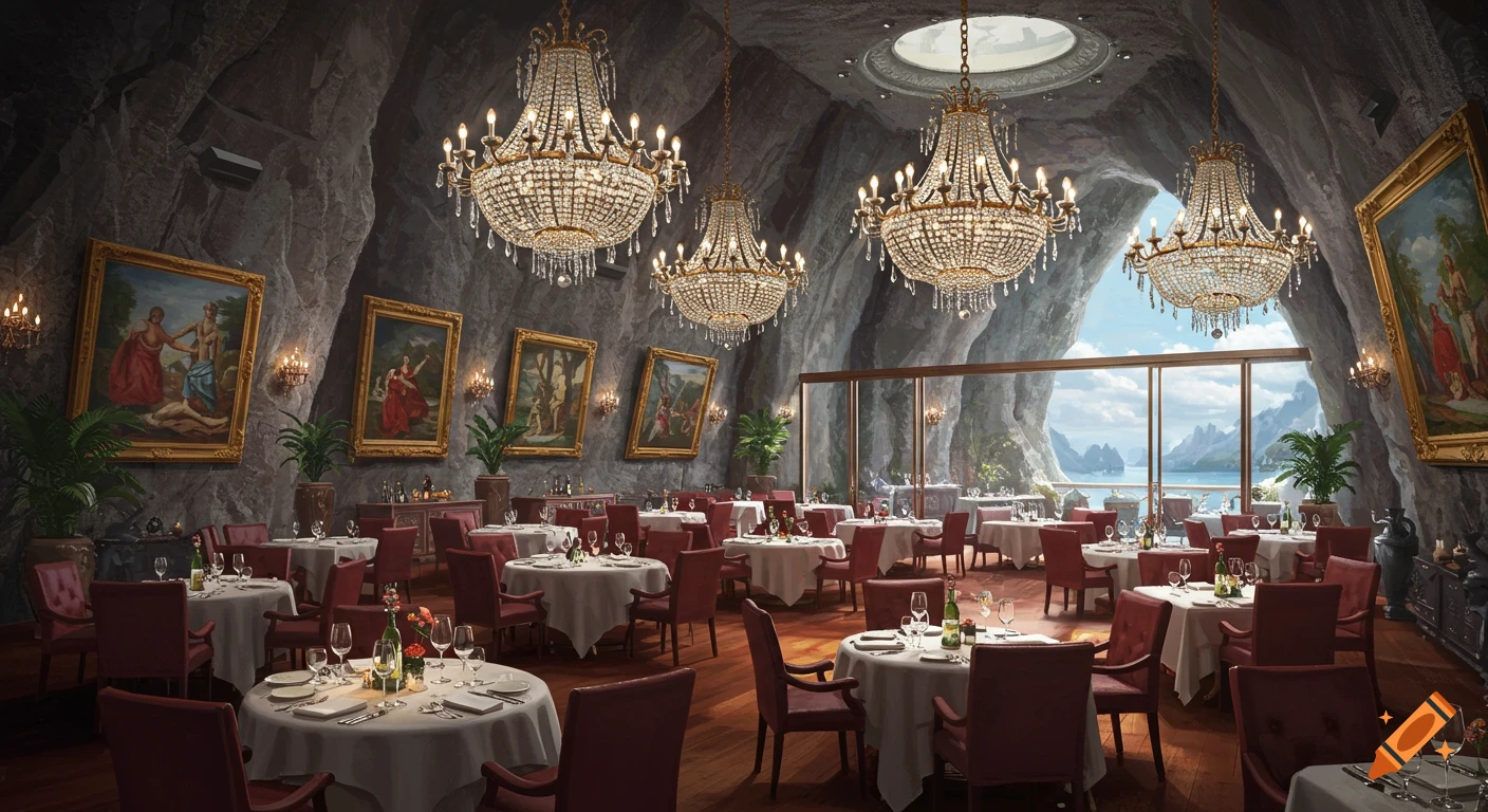 A luxurious restaurant carved into a rock cave, featuring many crystal chandeliers, red velvet chairs, white-clothed tables, and large framed paintings on the walls. A large window offers a view of a tranquil seascape.
