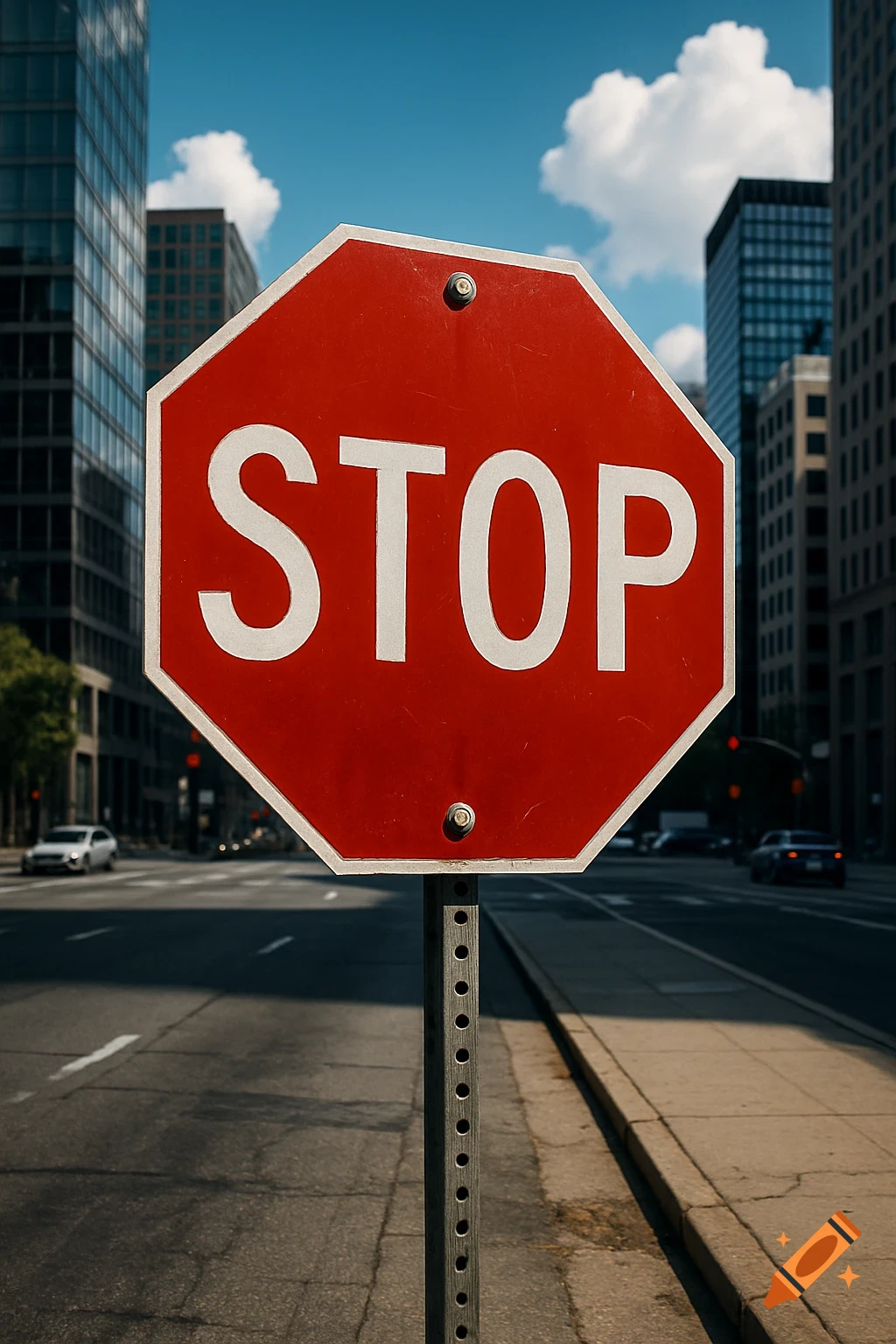 Photorealistic close-up of a red octagonal STOP sign on a city street with buildings and blue sky in the background.