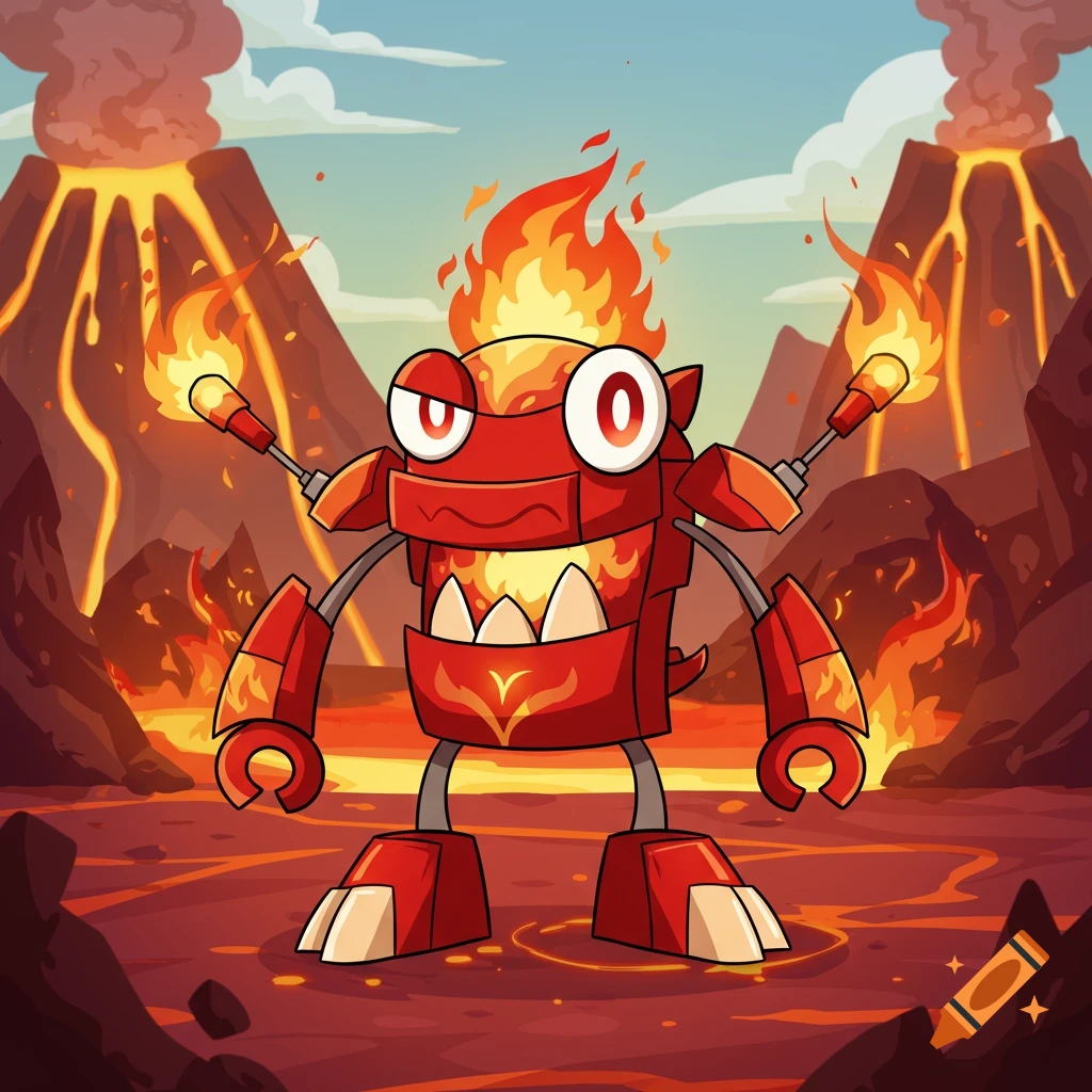 A red, fire-themed cartoon robot character with flames on its head and chest stands in a volcanic landscape with erupting volcanoes.