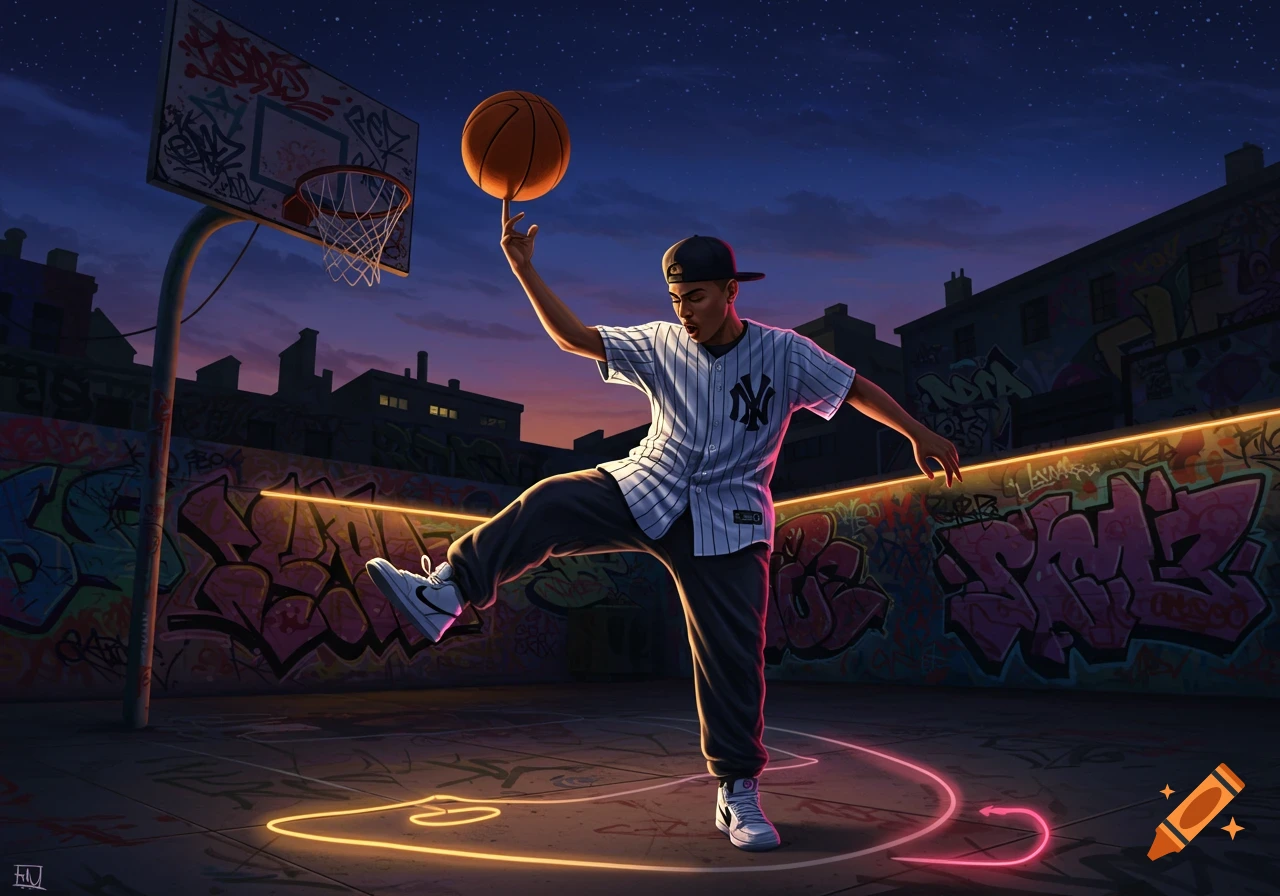 A stylized digital art image of a young man spinning a basketball on his finger on a street court at night, surrounded by graffiti-covered walls and neon lights.