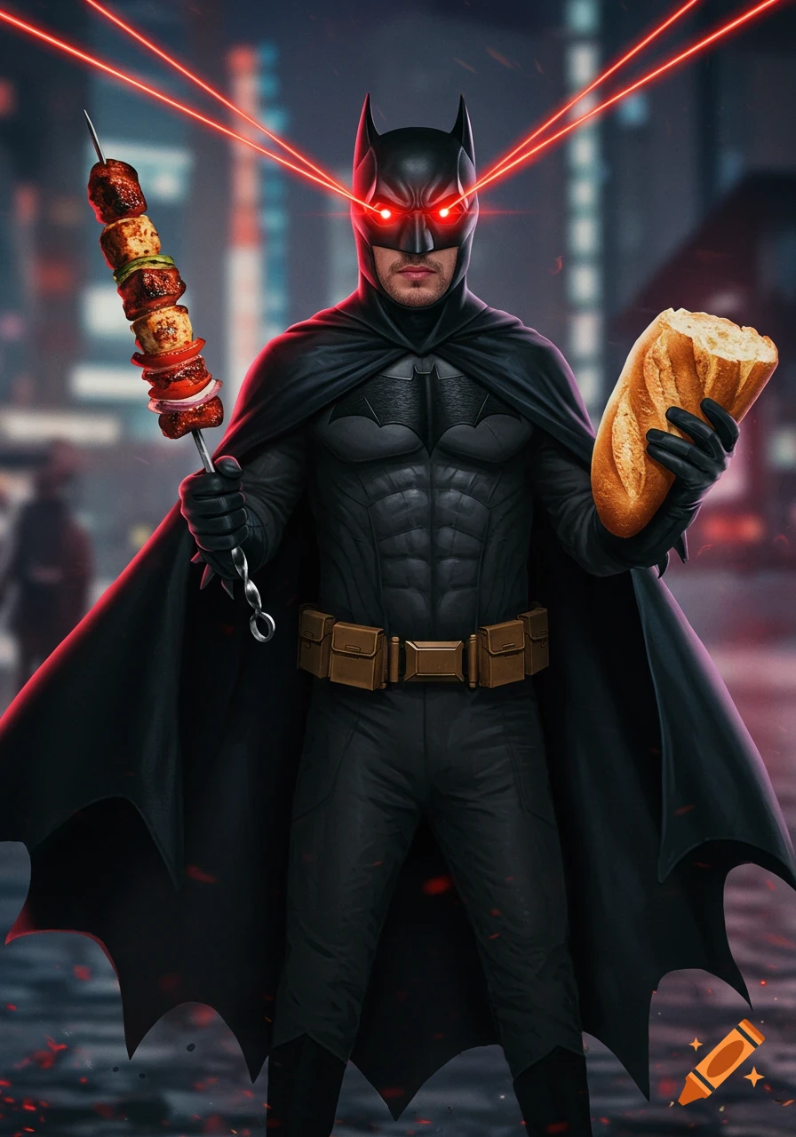 Batman with glowing red laser eyes holds a kebab skewer and a baguette in a city setting.