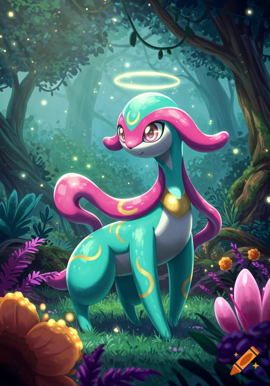 A teal and pink fantasy creature with a glowing halo in a magical forest, in an animated illustration style.