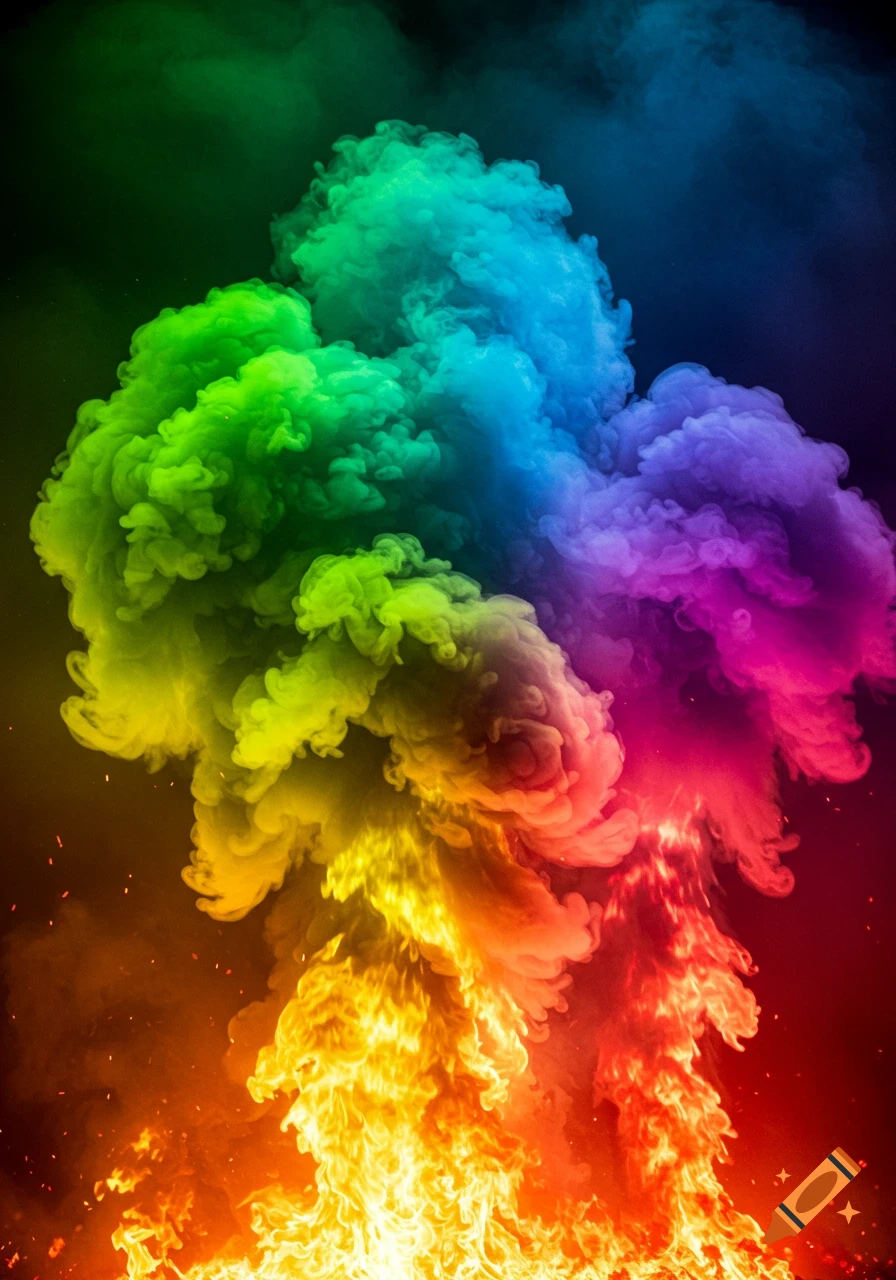 A vibrant column of green, yellow, blue, red, orange, and purple smoke and flames rising against a dark background.