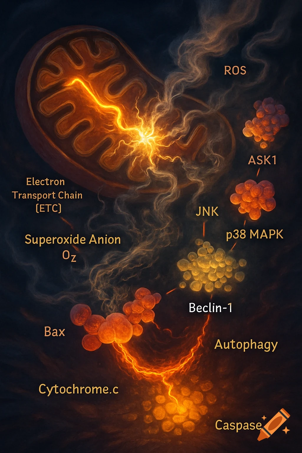 A detailed molecular diagram illustrating the electron transport chain in a mitochondrion, leading to ROS production and activation of various cellular pathways like autophagy and caspase cascade.