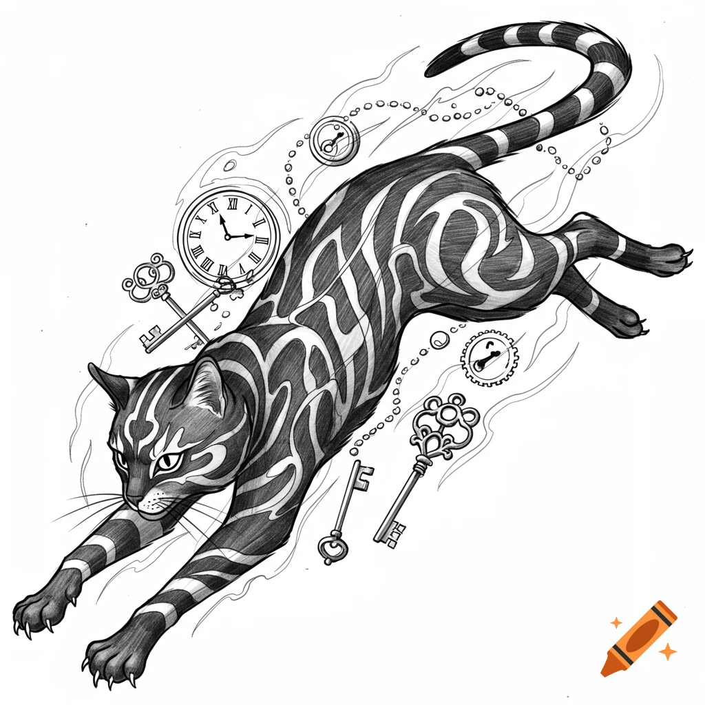 Stylized black and white illustration of a leaping cat with swirling patterns on its fur, surrounded by old clocks and keys, in a tattoo design.