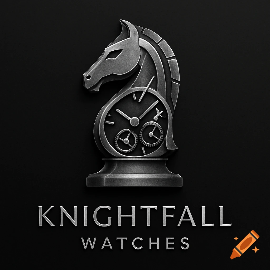 Metallic gray chess knight logo with watch gears and hands, above 'KNIGHTFALL WATCHES' text on a black background.