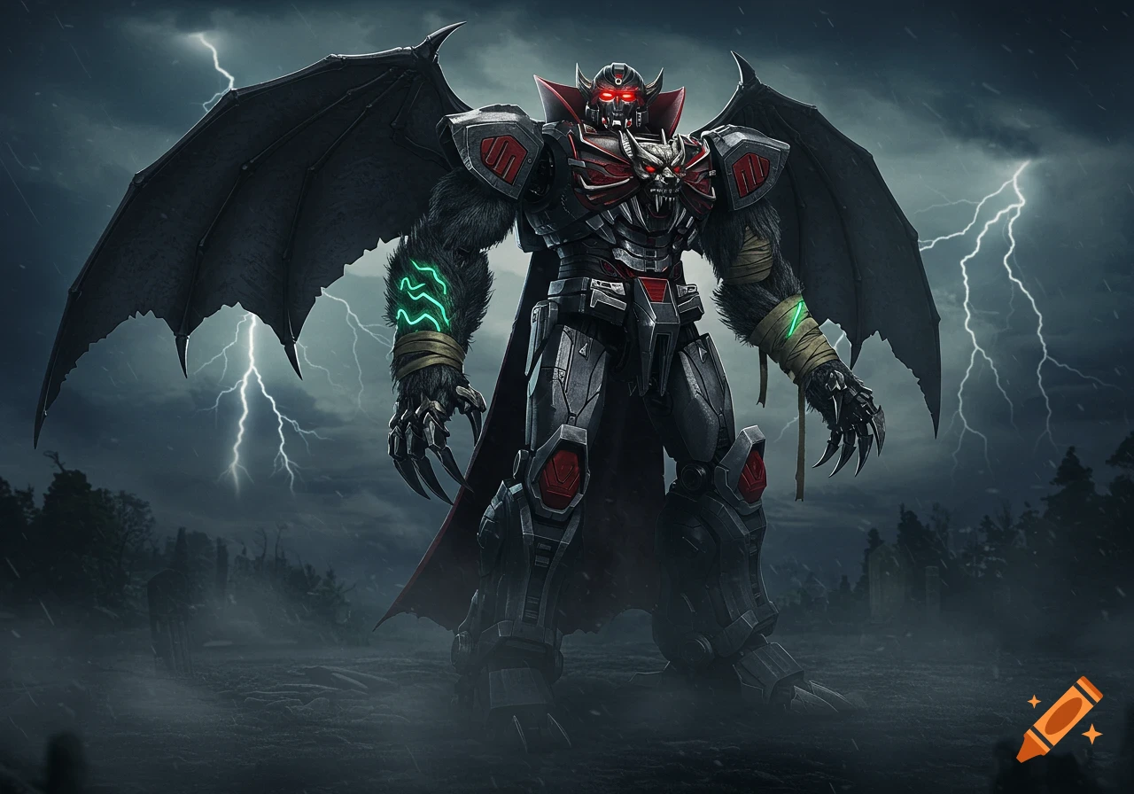 A giant, imposing robot monster with bat wings, red accents, and glowing eyes stands in a stormy, foggy landscape with lightning.