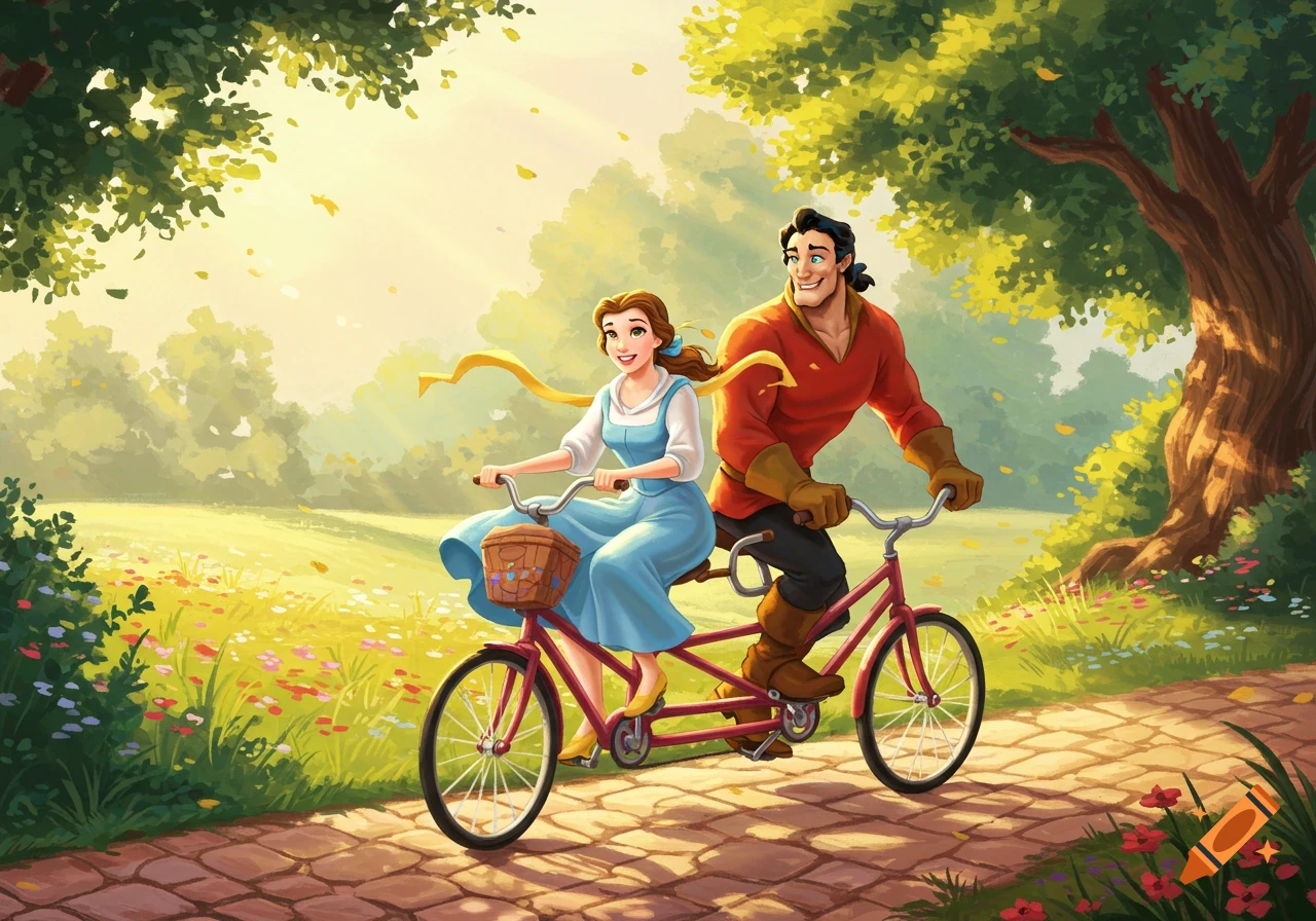Cartoon Belle and Gaston ride a tandem bike on a sunny park path lined with flowers, in an illustrative style.