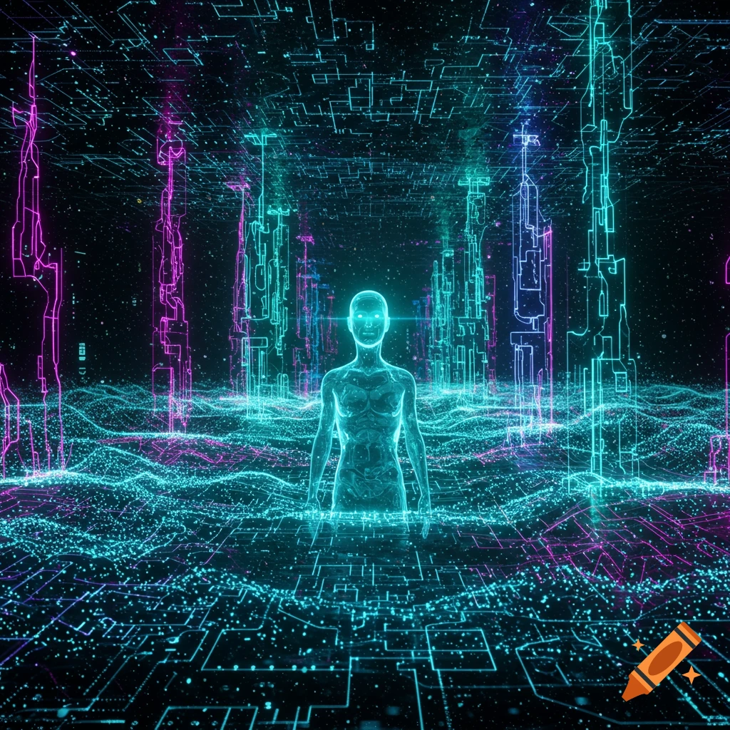 A glowing blue holographic human figure stands in a vast digital landscape with neon circuit board patterns and glowing pillars.