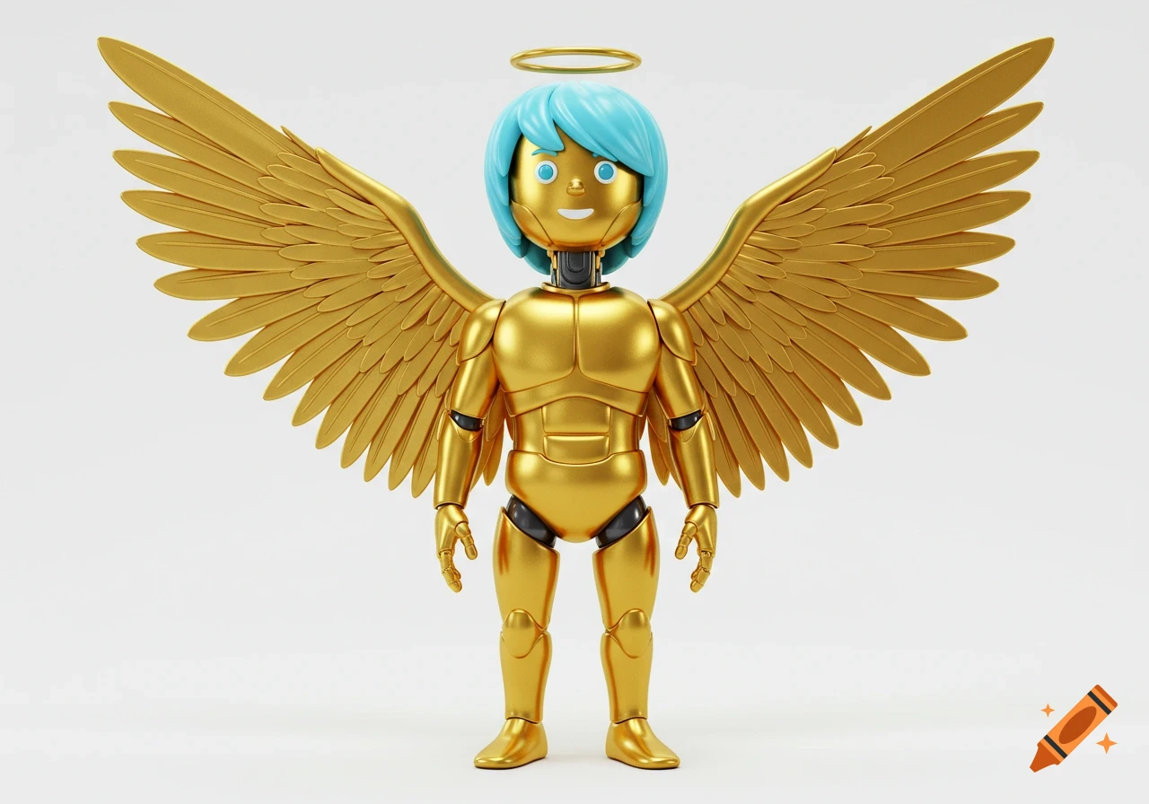 A 3D cartoon golden robot angel with blue hair, golden wings, and a halo standing on a white background.