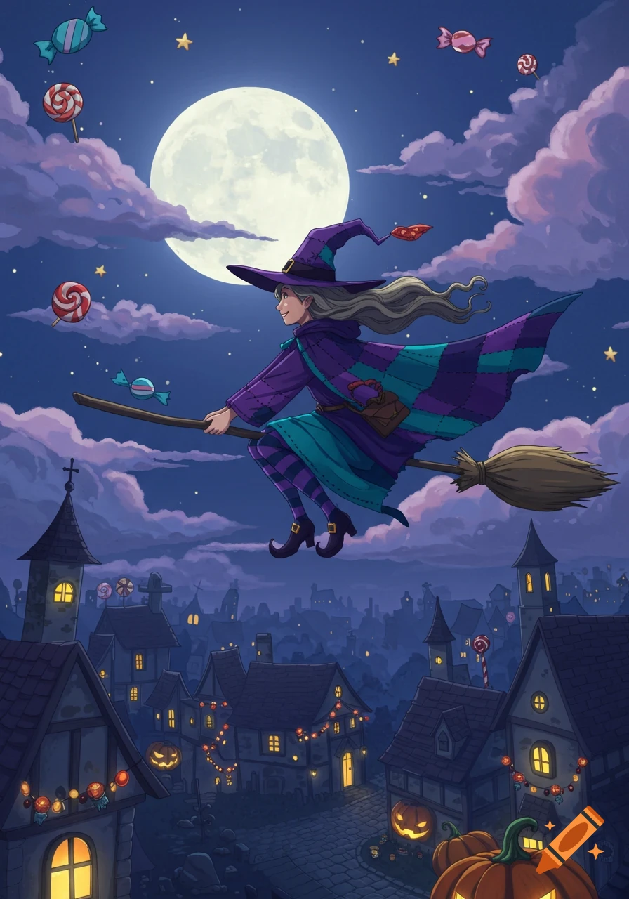 A witch on a broomstick flies through a candy-filled night sky over a Halloween-decorated town under a full moon. Illustrated.
