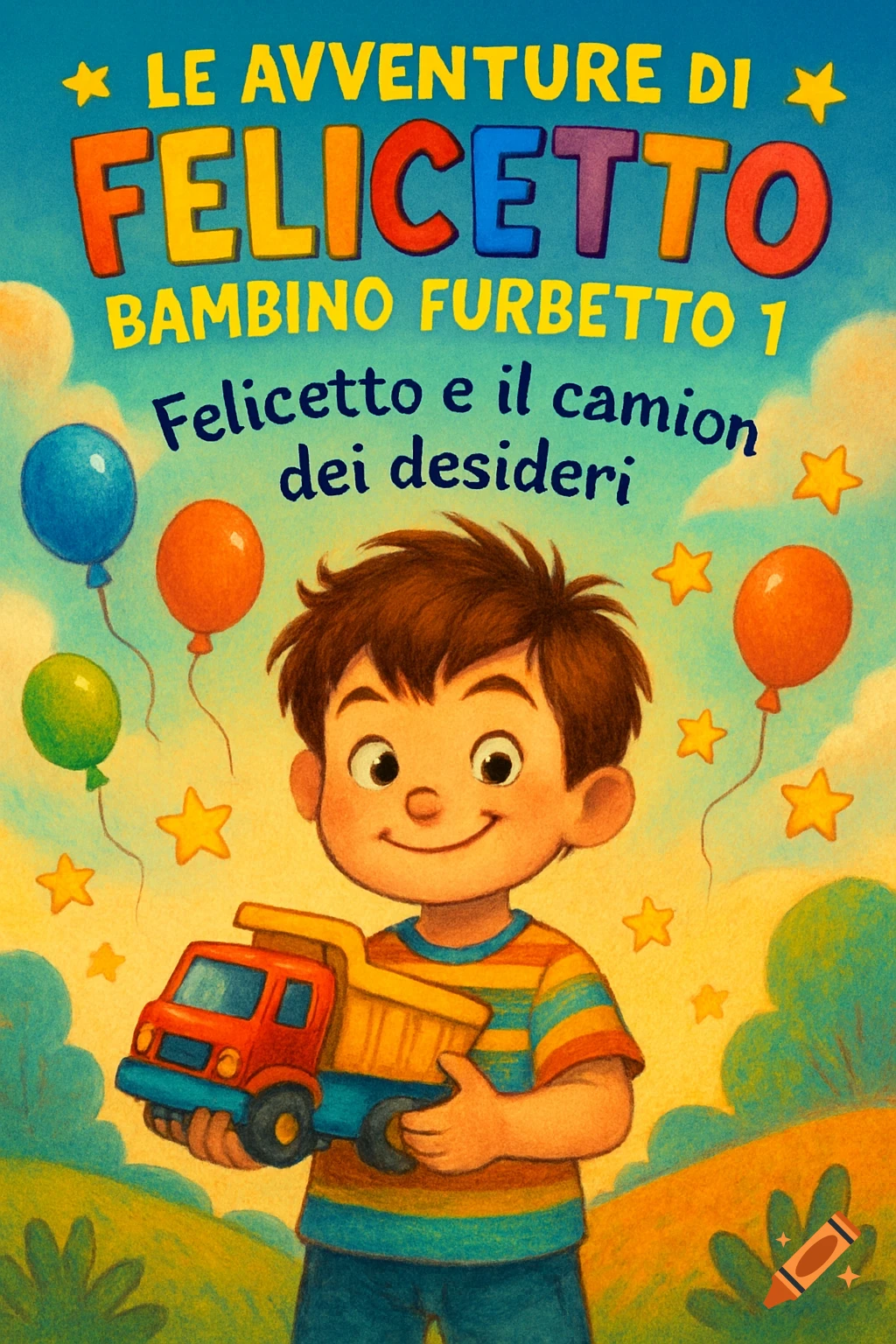 Cartoon children's book cover illustration of a smiling boy holding a red toy truck, with balloons and stars in a sunny sky.