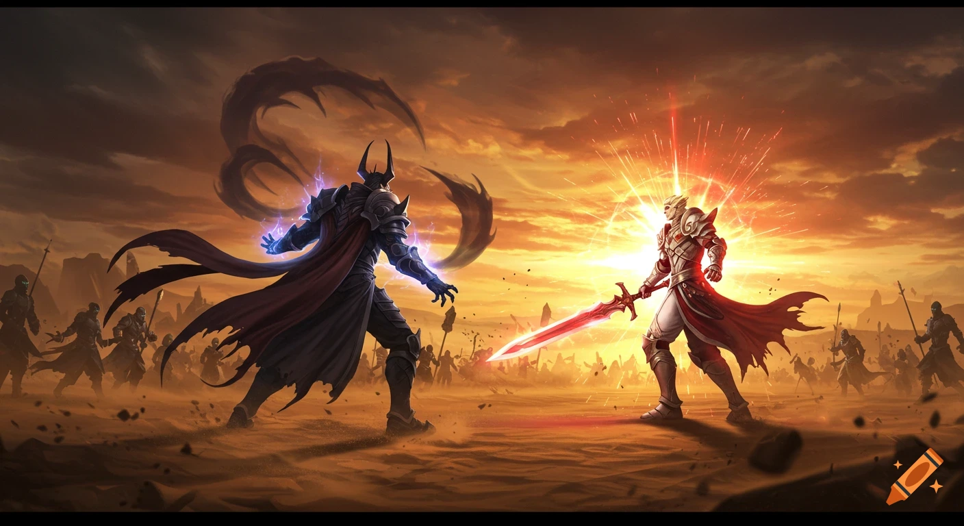 Two armored fantasy warriors, one dark and one light, clash with magical energy in an epic desert battle at sunset, cinematic anime style.