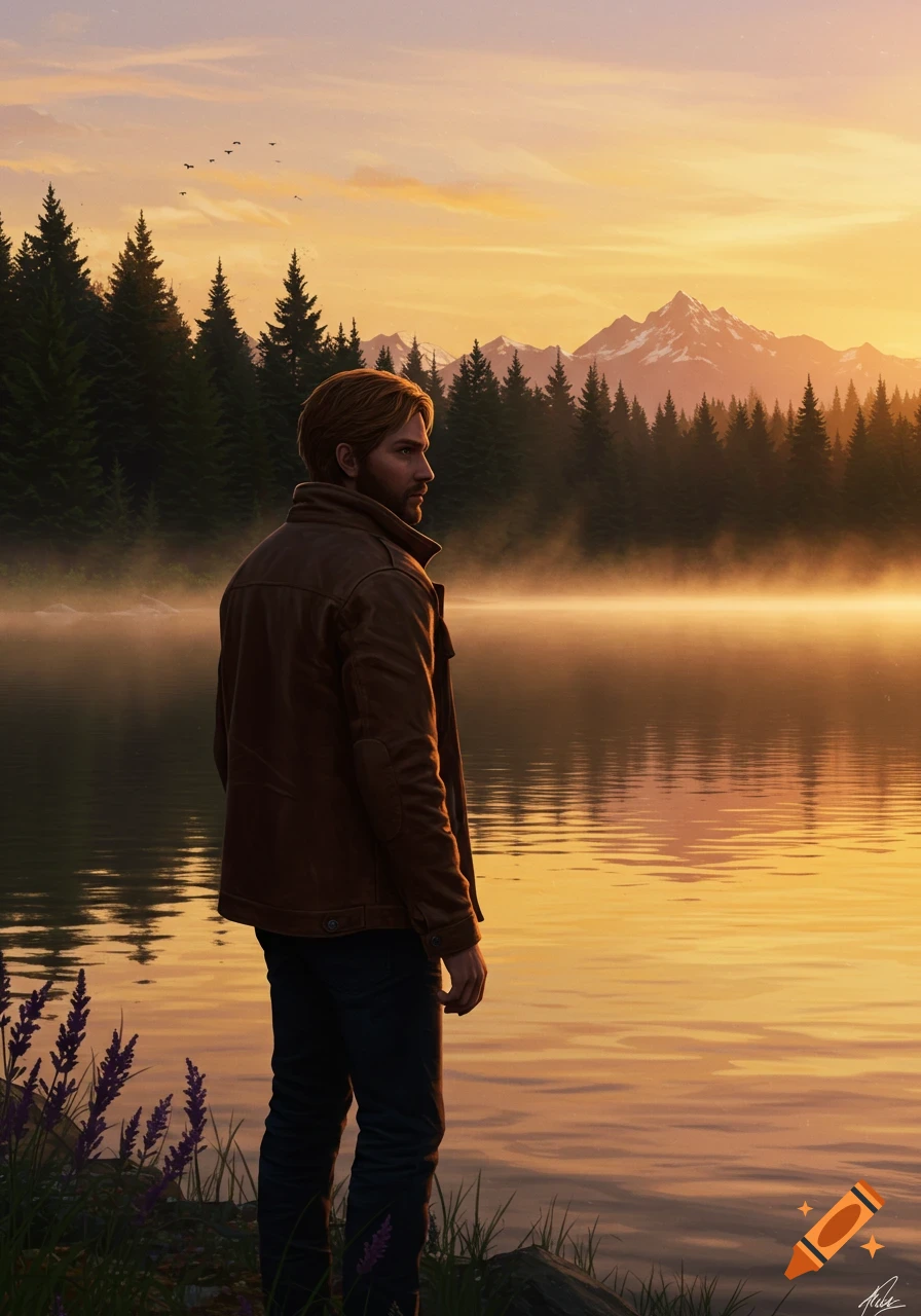 A man stands by a misty lake at sunset, looking out at a forest and mountains. Digital painting.