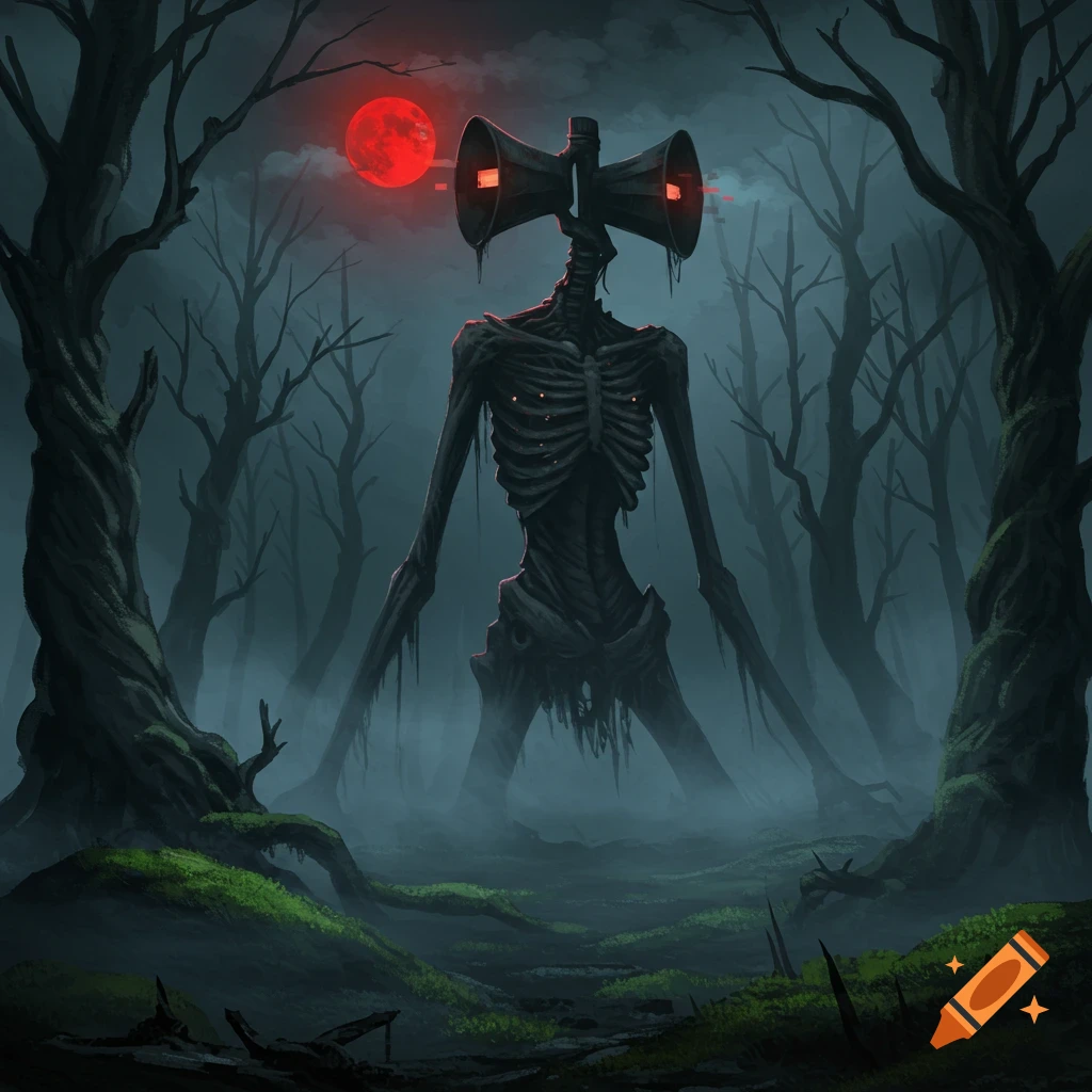 A towering, skeletal Siren Head monster with megaphones for a head stands in a dark, foggy forest under a red moon.