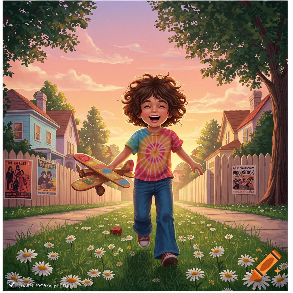 Happy child in a tie-dye shirt runs through a daisy path, holding a toy airplane. Suburban houses and trees at sunset. Illustration.