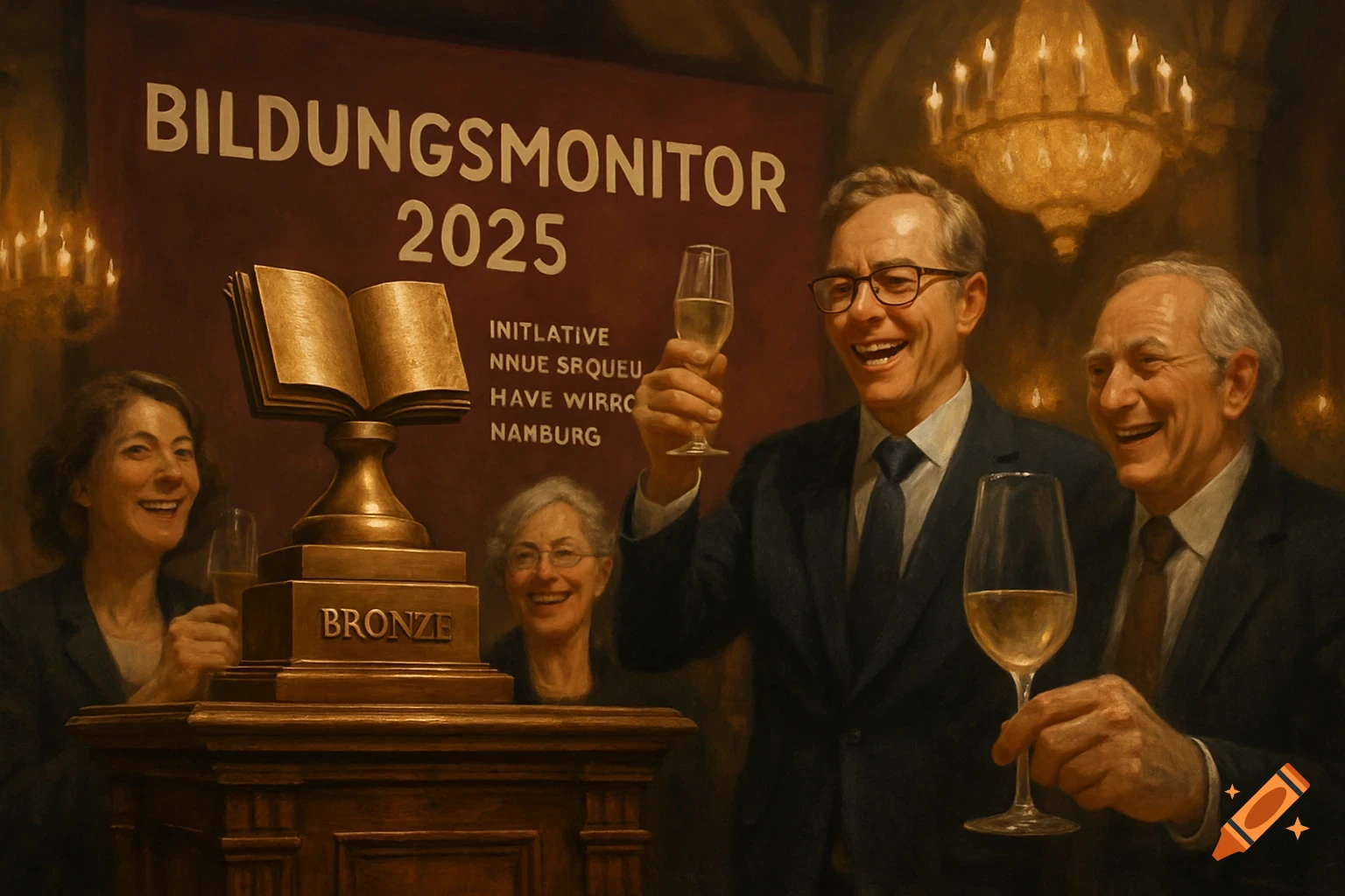 A group of happy people in suits holding champagne glasses, celebrating an award next to a bronze trophy and a banner that reads "BILDUNGSMONITOR 2025" in a painterly style.