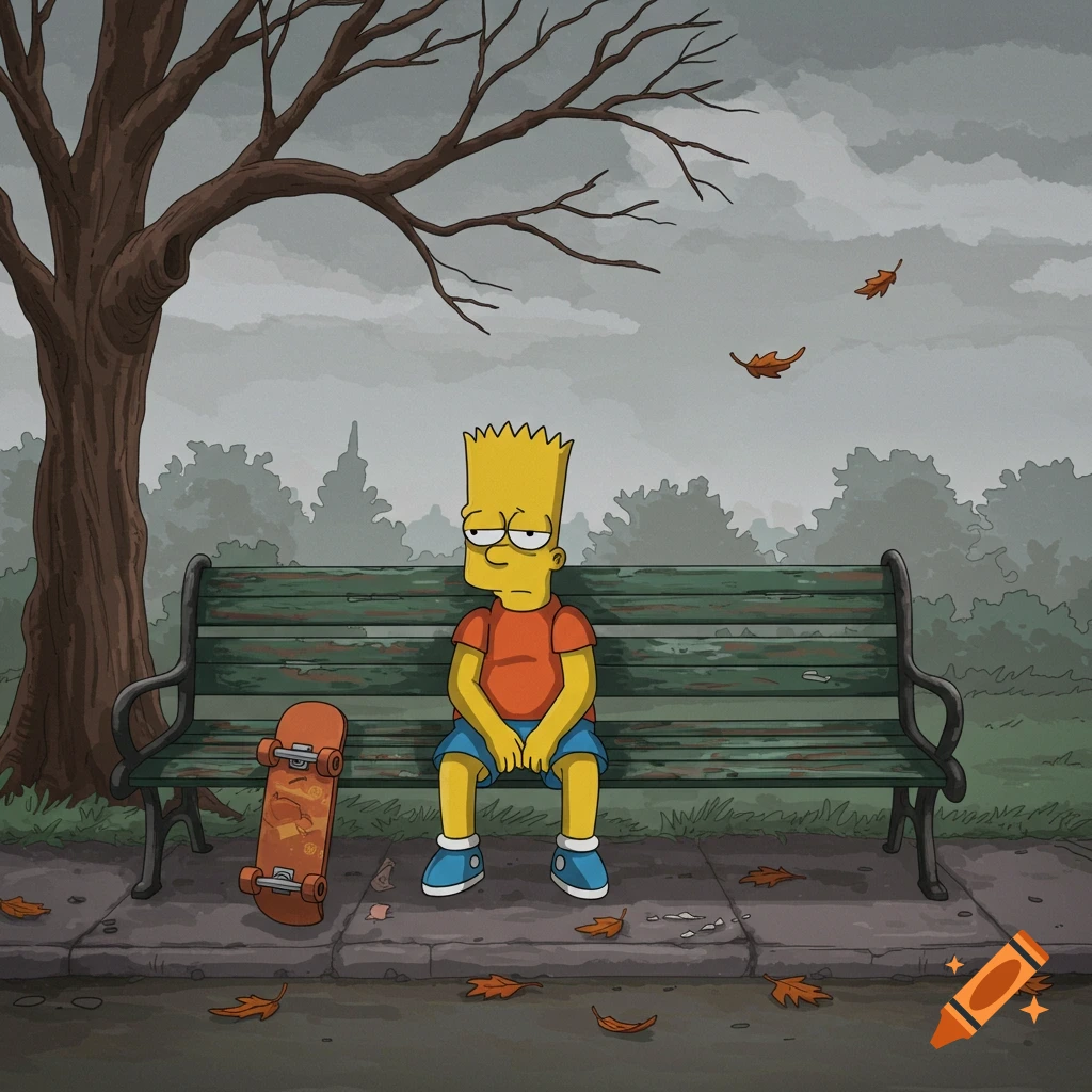 Depressed Bart Simpson sits alone on a park bench under a bare tree on a gloomy autumn day, with his skateboard beside him in cartoon style.