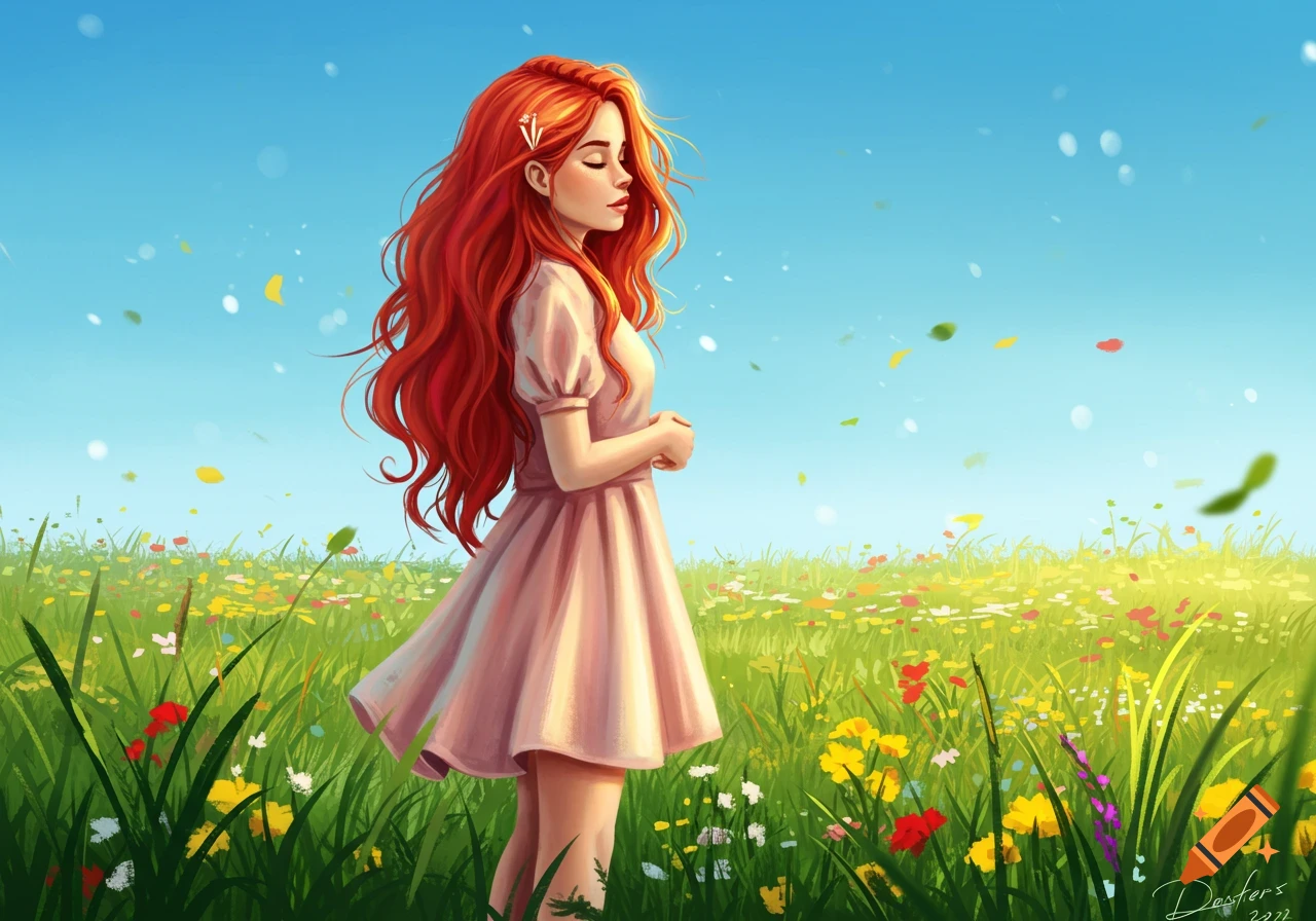 Vibrant illustration of a red-haired girl in a pink dress standing in a sunny field of wildflowers.