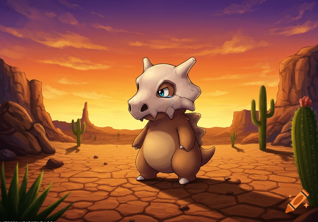 A sad, brown Pokémon Cubone with a skull mask cries in a cracked, orange desert with cacti and rock formations under a sunset sky, in a cartoon style.