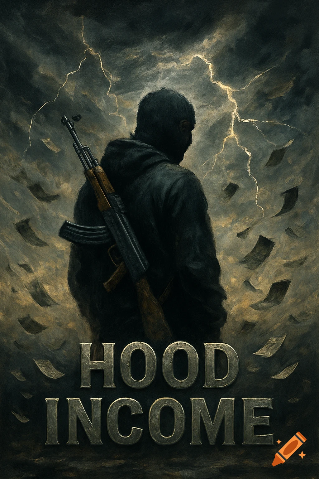 Moody digital painting of a masked man with a machine gun under a stormy sky, money falling, and 'HOOD INCOME' text.