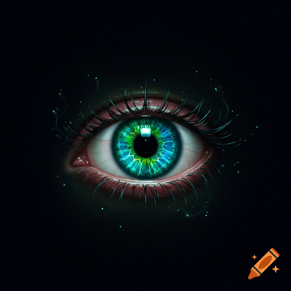 Close-up of a vibrant, glowing green and blue eye with intricate patterns and subtle particles against a dark background.