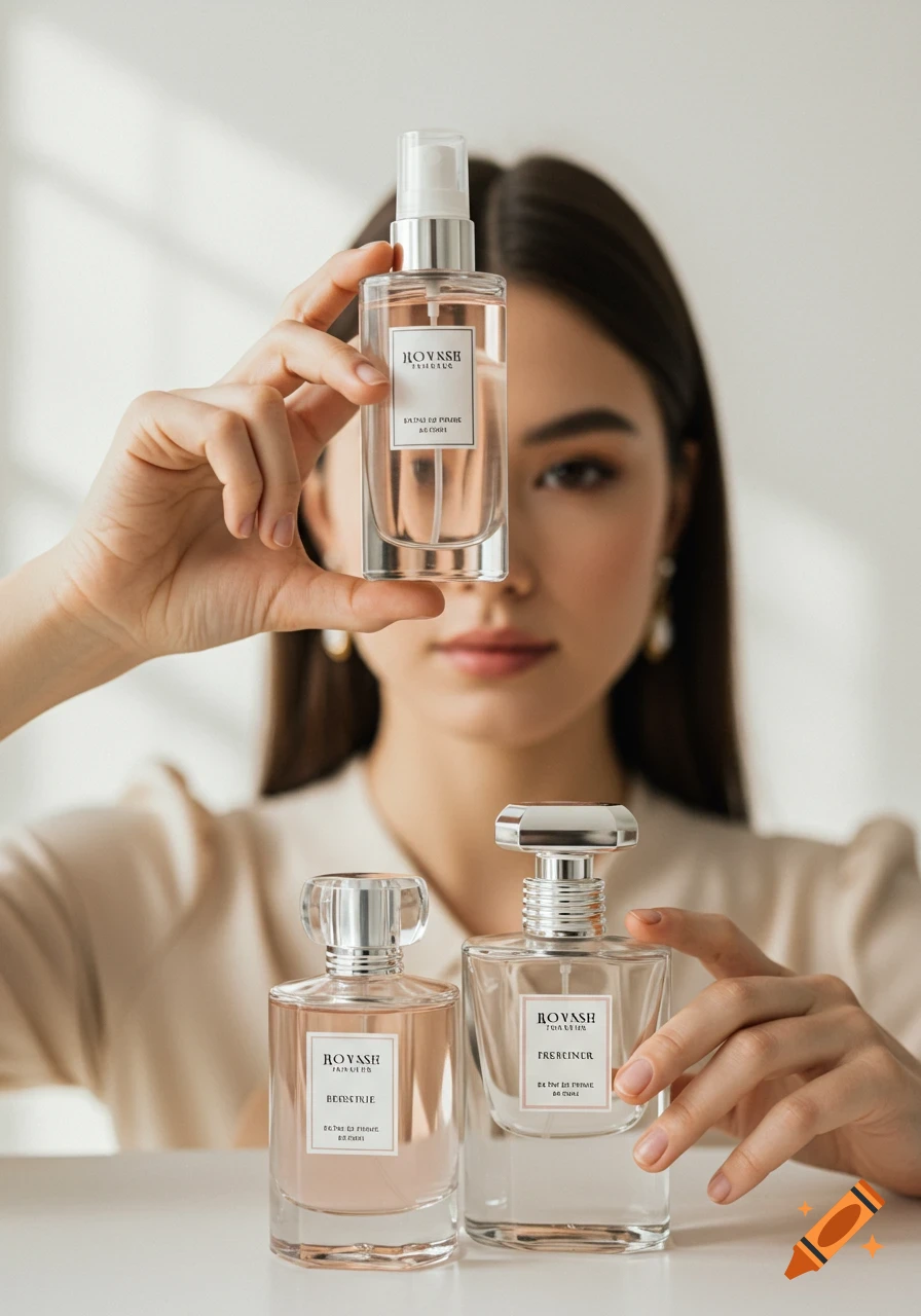A young woman, face out of focus, holds a spray bottle while two other perfume bottles sit on a table.