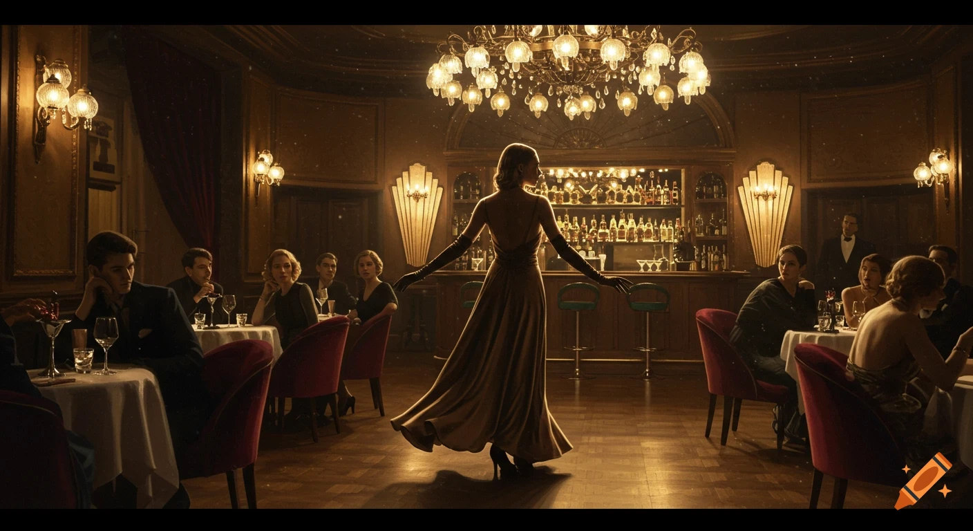 A glamorous woman in an evening gown walks through a luxurious, dimly lit Art Deco ballroom with a bar, observed by patrons.