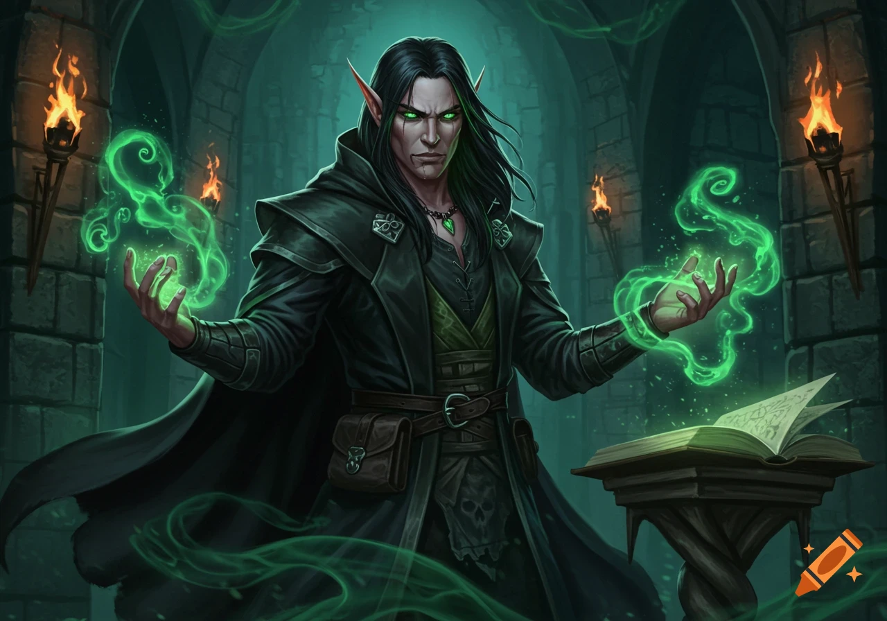 A male elf warlock with dark hair and green eyes casts green magic in a dark, torch-lit stone chamber.