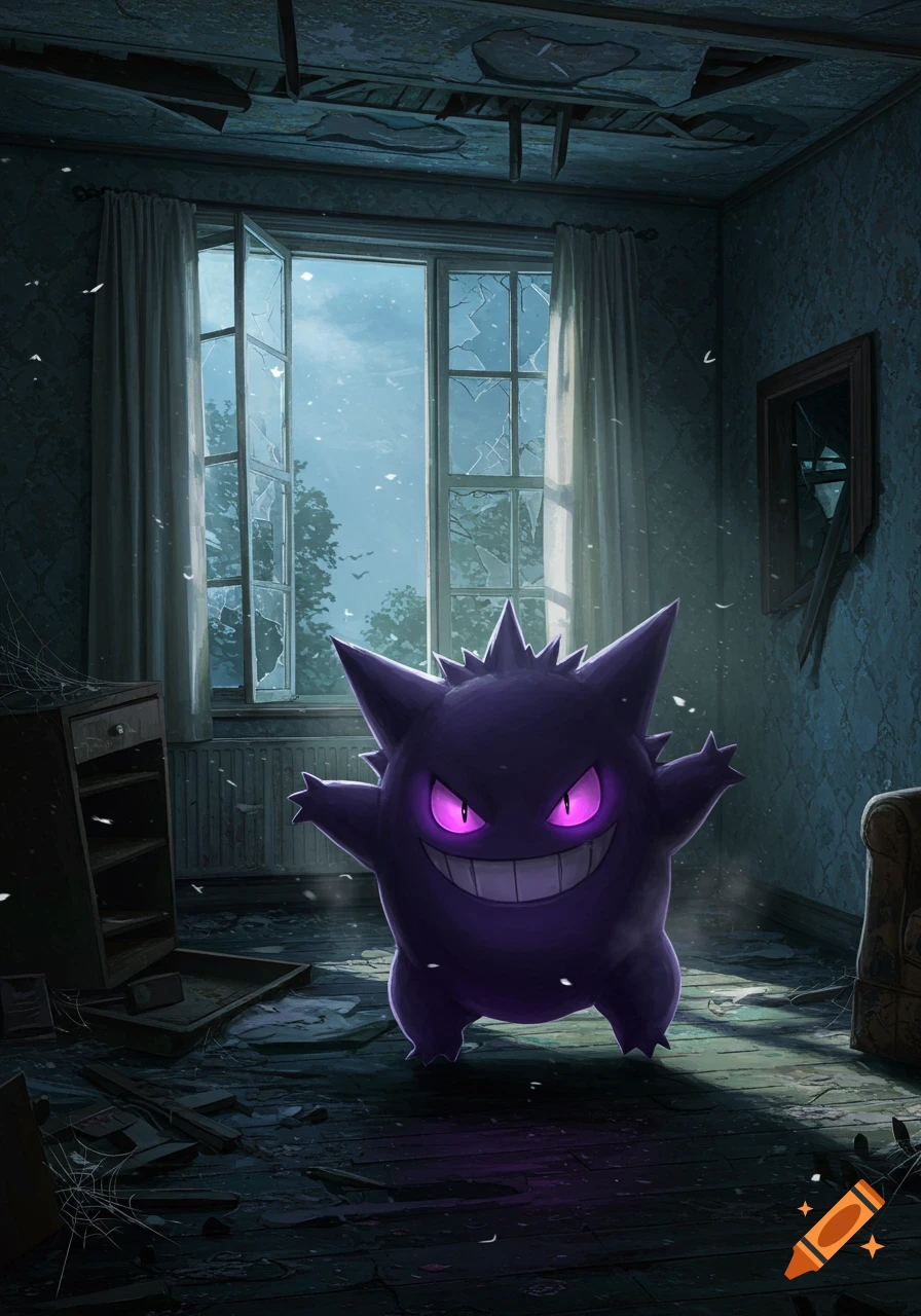 Purple Gengar with glowing eyes grins in a dark, ruined room with a broken window, debris, and moonlight pouring in. Illustrated.