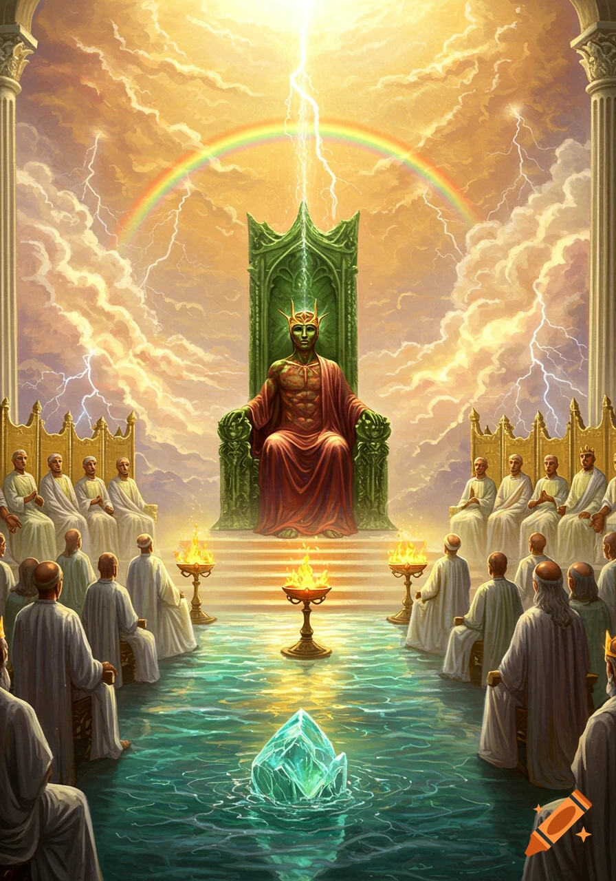 A green-skinned king on an ornate throne in a heavenly hall, surrounded by robed figures, lightning, a rainbow, and a glowing crystal.
