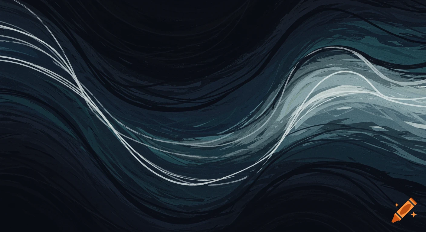 Dark abstract wallpaper with wavy, marker-rendered brushstrokes in shades of blue and white.