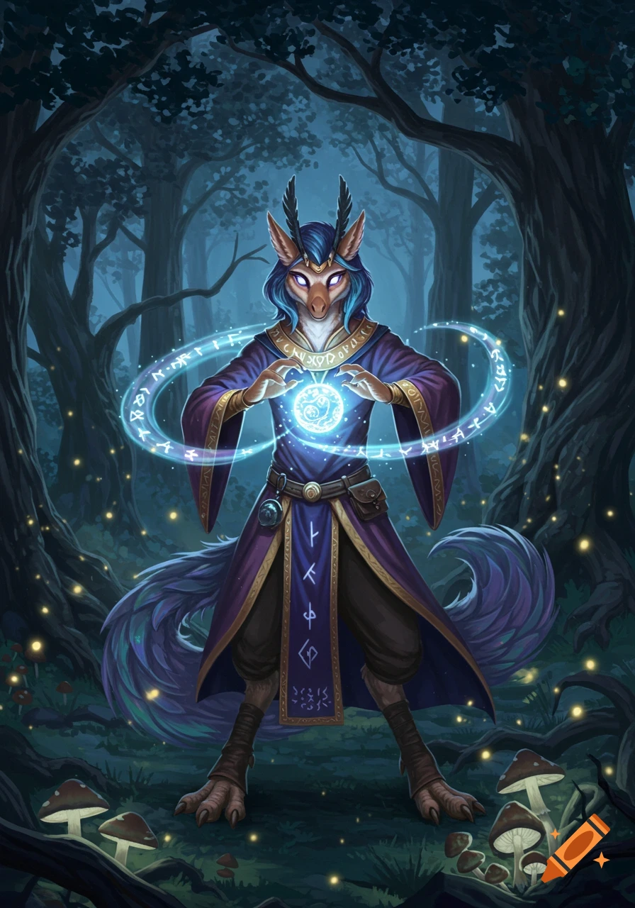 A female warlock with blue hair and deer-like features stands in a dark forest, casting a glowing blue spell surrounded by runes.