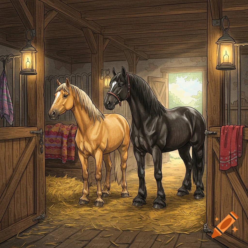 An illustration of a palomino horse and a black horse standing in a wooden barn filled with hay.