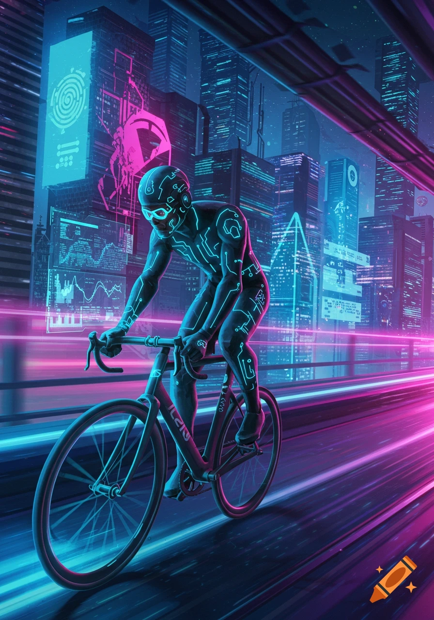 A person in a black, neon-lit suit rides a bicycle through a vibrant cyberpunk city at night.