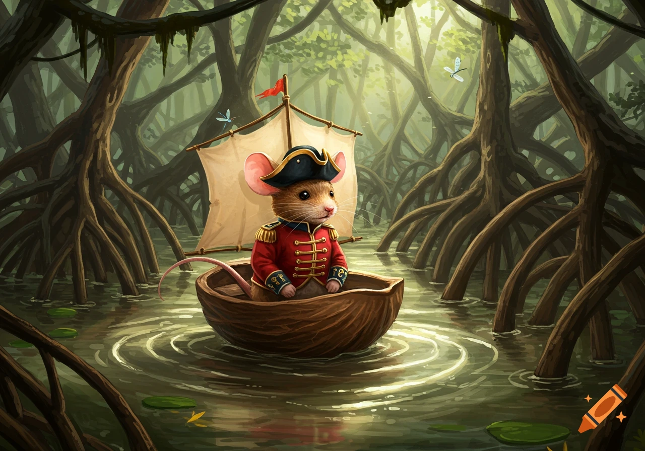 An illustrated mouse in a red uniform and tricorn hat sails in a nutshell boat through a lush mangrove swamp.