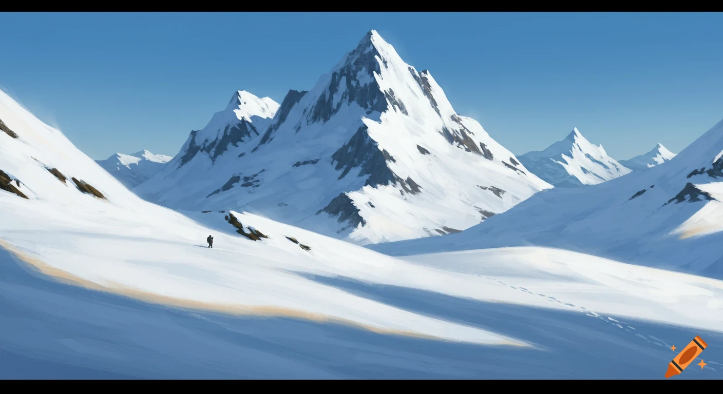 A wide, majestic snowy mountain landscape with a tiny trekker walking through the snow, leaving footprints.