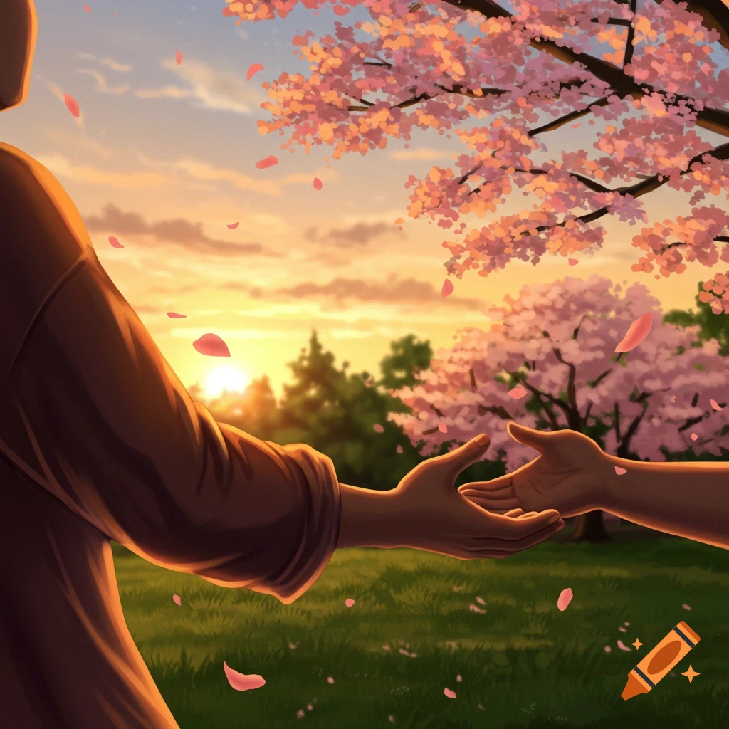 Illustrated image of two hands reaching for each other under cherry blossom trees at sunset, with petals falling.