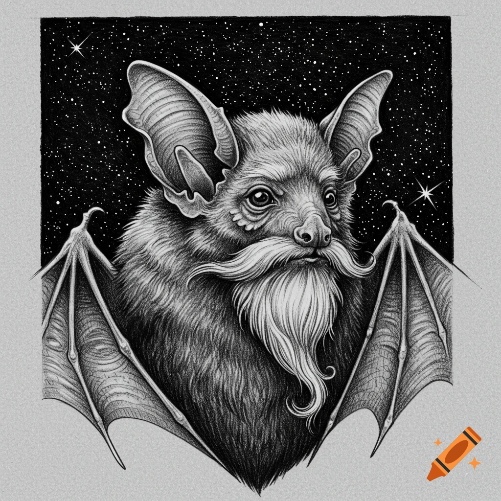 Monochrome sketch of a bat with a long, flowing white beard, against a starry night sky.