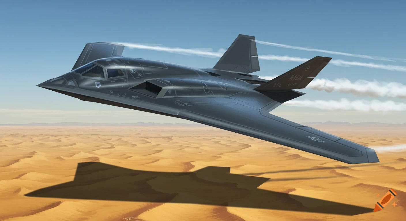 A dark gray stealth jet flies over a vast, golden desert with sand dunes under a clear blue sky.