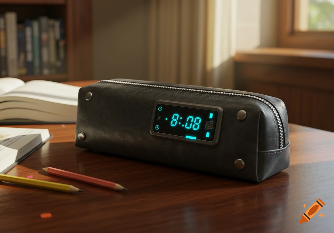 A black leather pencil case with a glowing digital display showing '8:08' sits on a wooden desk next to two pencils and open books.
