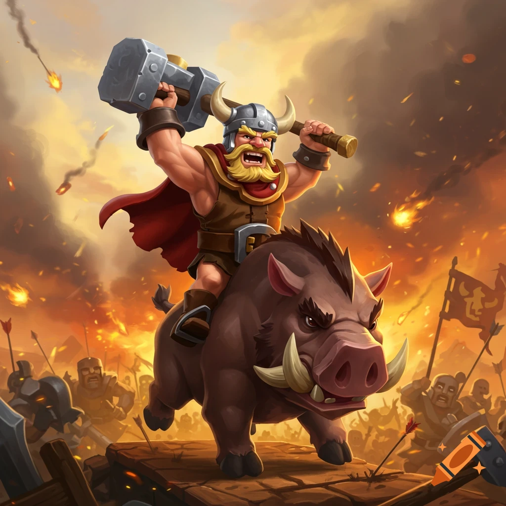 A cartoon barbarian warrior with a horned helmet and red cape rides a charging boar into battle, wielding a large hammer, against a fiery background.