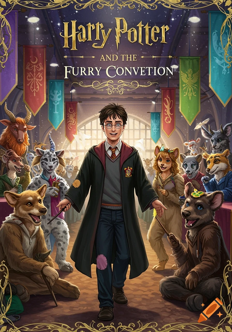 Illustrated book cover showing Harry Potter smiling at a furry convention, surrounded by various anthropomorphic animal characters.
