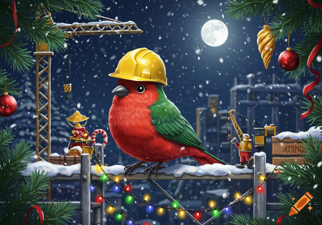 An illustrated red and green bird in a hardhat sits on a snowy fence with Christmas lights, amidst construction cranes at night.