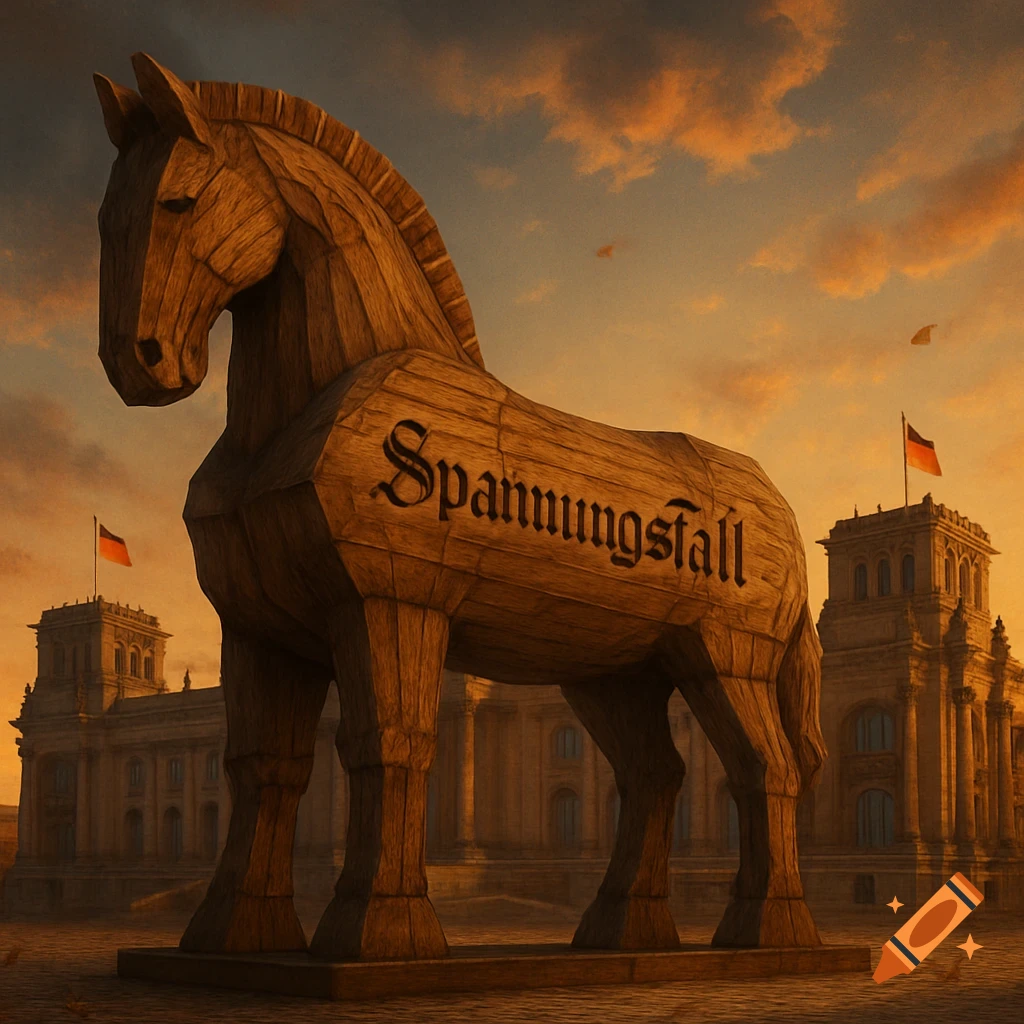 A large wooden Trojan horse stands in front of the Reichstag building under a dramatic sunset sky. The word 'Spannungsfall' is inscribed on the horse's side.